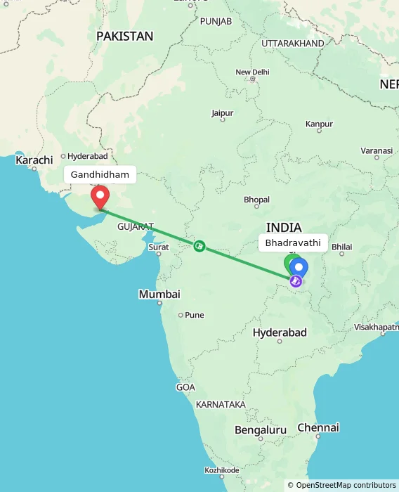 Route map showing distance and travel time from Bhadravathi, India to Gandhidham, India