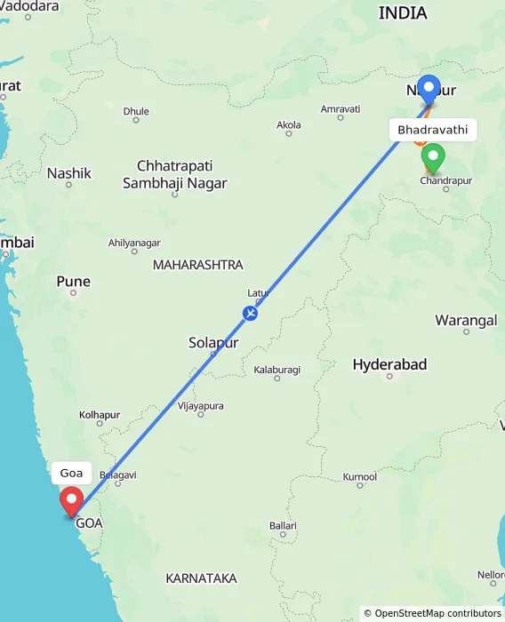 Route map showing distance and travel time from Bhadravathi, India to Goa, India