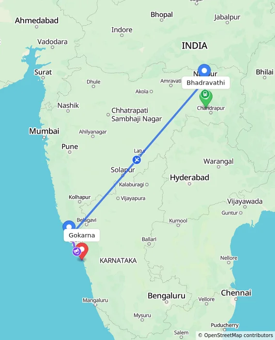 Route map showing distance and travel time from Bhadravathi, India to Gokarna, India