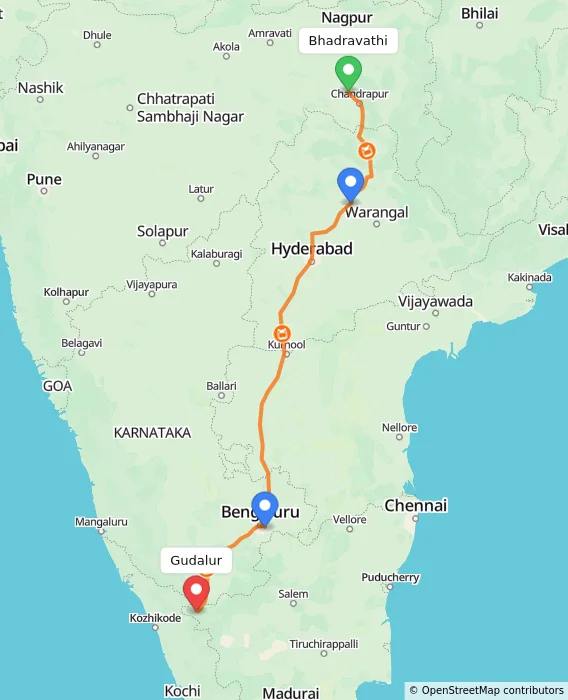 Route map showing distance and travel time from Bhadravathi, India to Gudalur, India