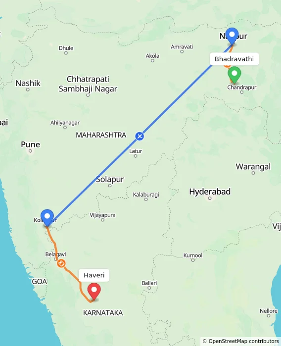 Route map showing distance and travel time from Bhadravathi, India to Haveri, India