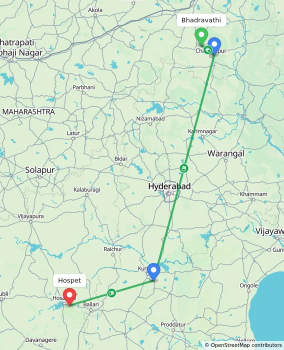 Route map showing distance and travel time from Bhadravathi, India to Hospet, India