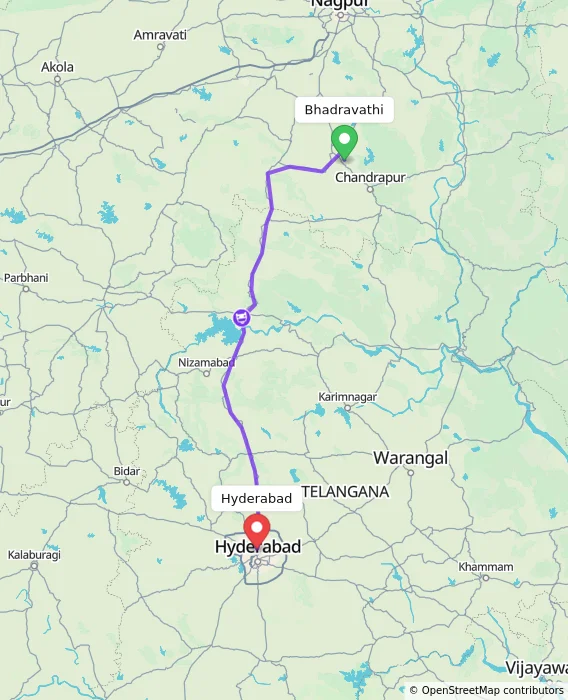 Route map showing distance and travel time from Bhadravathi, India to Hyderabad, India