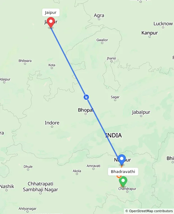 Route map showing distance and travel time from Bhadravathi, India to Jaipur, India