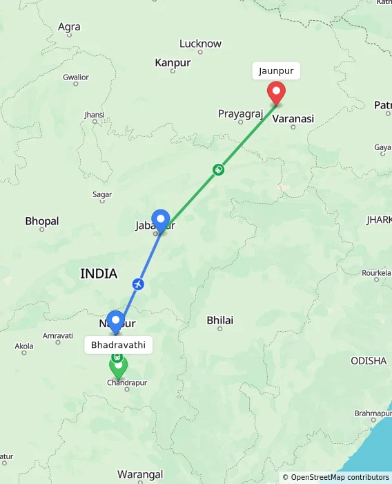 Route map showing distance and travel time from Bhadravathi, India to Jaunpur, India