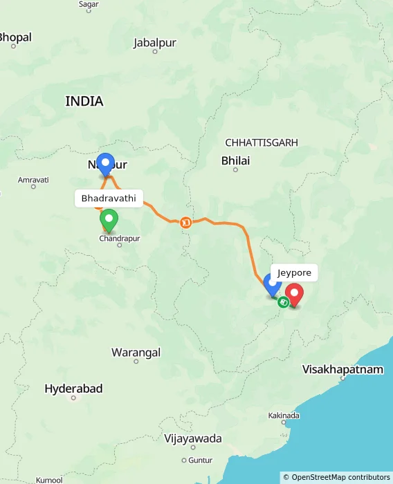 Route map showing distance and travel time from Bhadravathi, India to Jeypore, India