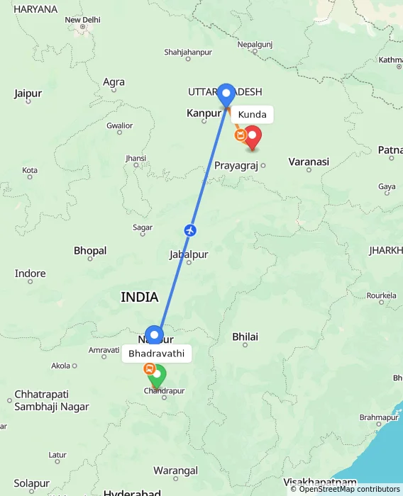 Route map showing distance and travel time from Bhadravathi, India to Kunda, India