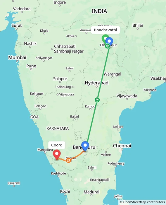 Route map showing distance and travel time from Bhadravathi, India to Madikeri, India
