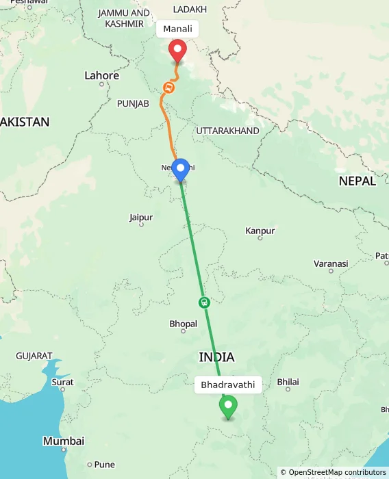 Route map showing distance and travel time from Bhadravathi, India to Manali, India