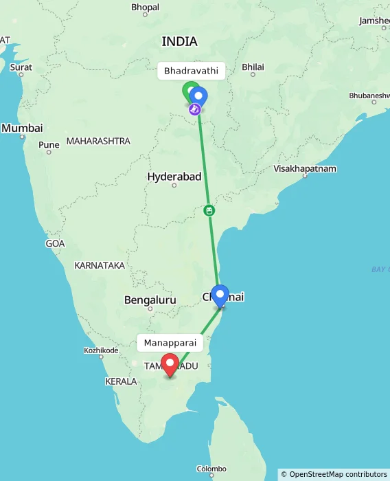 Route map showing distance and travel time from Bhadravathi, India to Manapparai, India