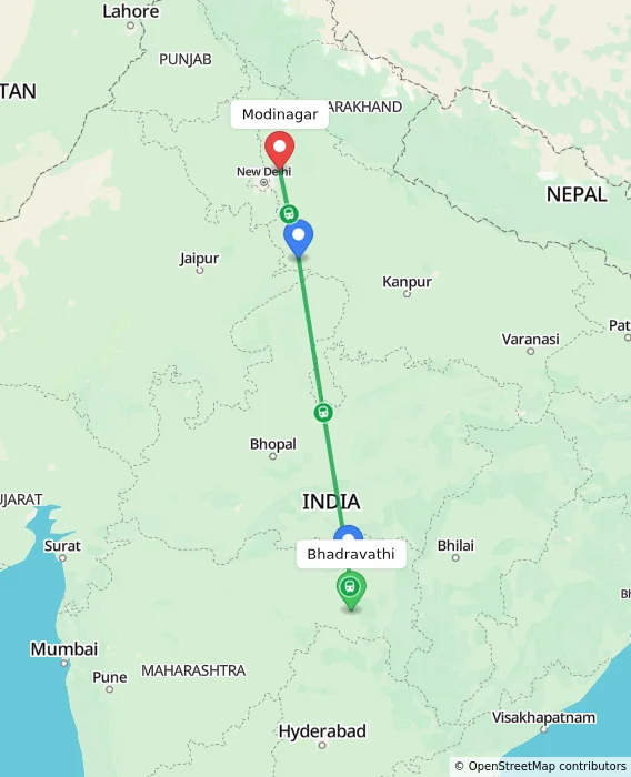 Route map showing distance and travel time from Bhadravathi, India to Modinagar, India