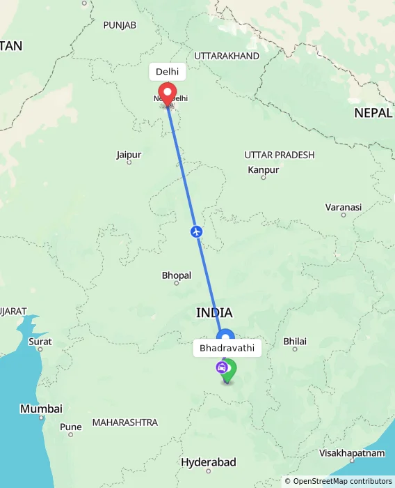 Route map showing distance and travel time from Bhadravathi, India to Delhi, India