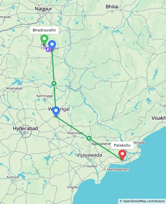 Route map showing distance and travel time from Bhadravathi, India to Palakollu, India