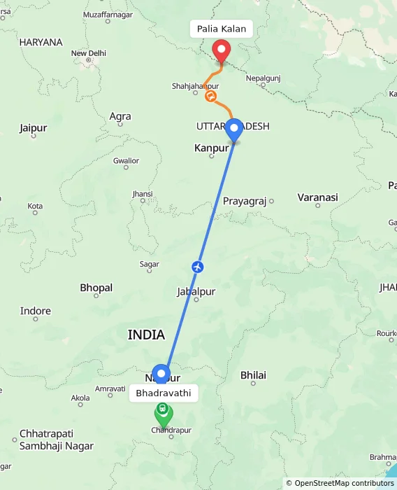 Route map showing distance and travel time from Bhadravathi, India to Palia Kalan, India