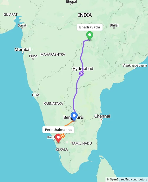 Route map showing distance and travel time from Bhadravathi, India to Perinthalmanna, India