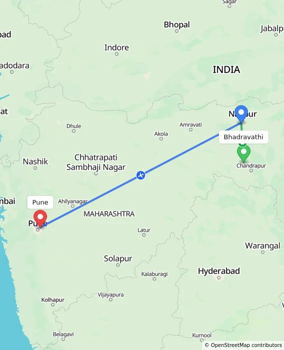Route map showing distance and travel time from Bhadravathi, India to Pune, India