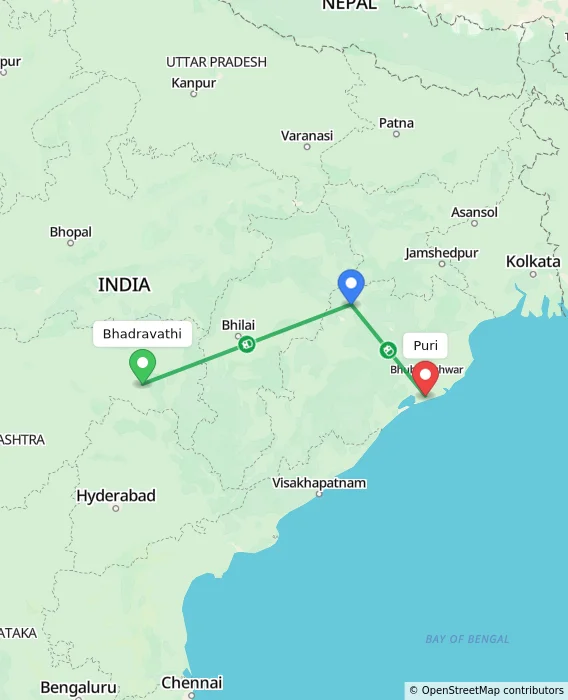 Route map showing distance and travel time from Bhadravathi, India to Puri, India