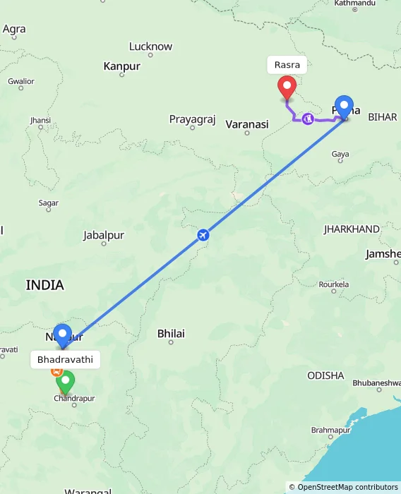Route map showing distance and travel time from Bhadravathi, India to Rasra, India
