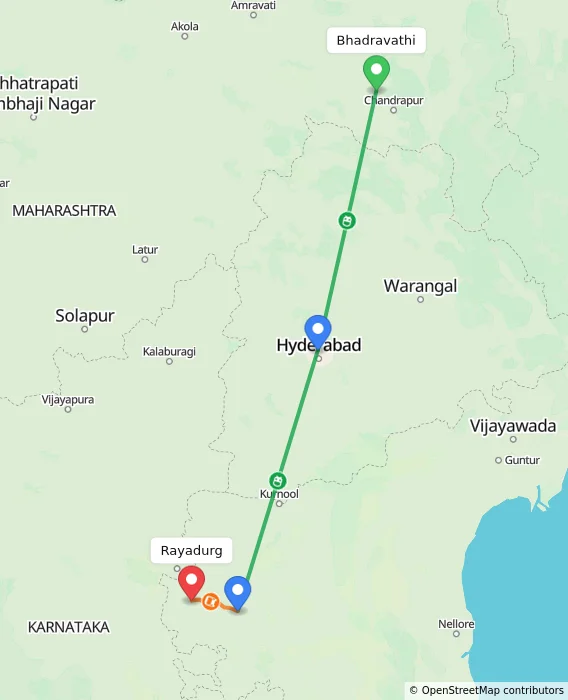 Route map showing distance and travel time from Bhadravathi, India to Rayadurg, India