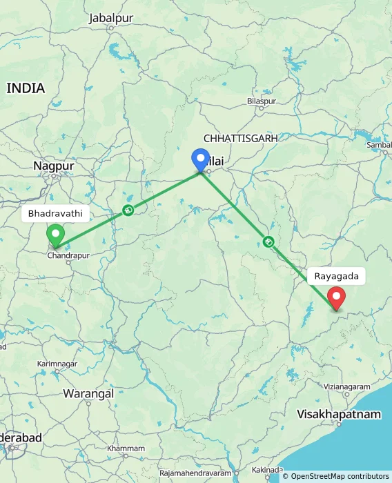 Route map showing distance and travel time from Bhadravathi, India to Rayagada, India