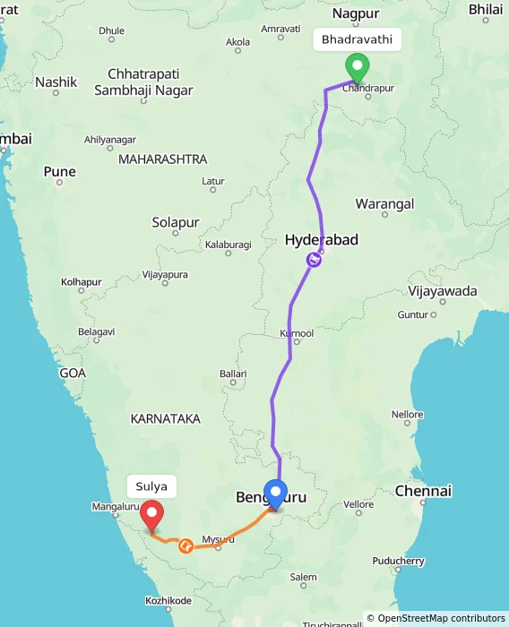 Route map showing distance and travel time from Bhadravathi, India to Sulya, India