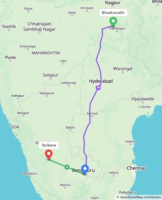 Route map showing distance and travel time from Bhadravathi, India to Tarikere, India