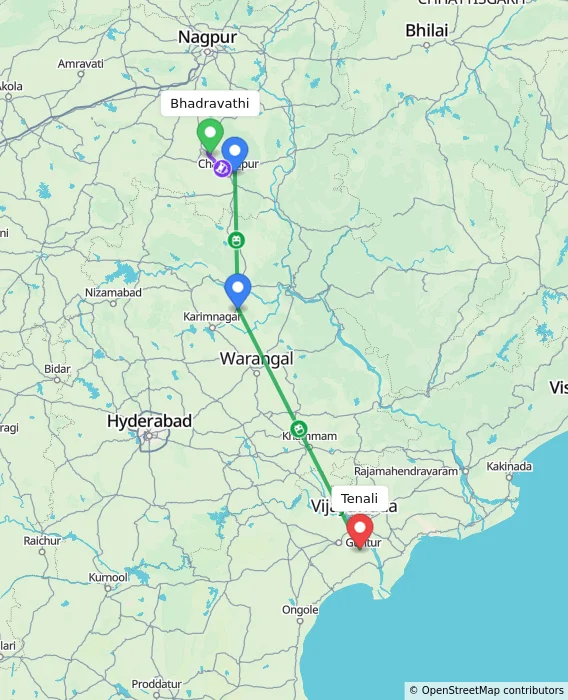 Route map showing distance and travel time from Bhadravathi, India to Tenali, India