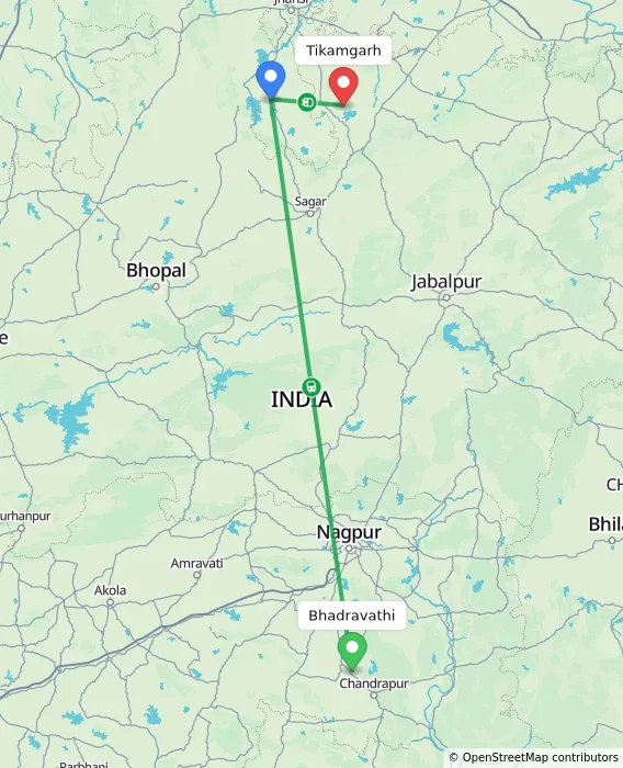 Route map showing distance and travel time from Bhadravathi, India to Tikamgarh, India