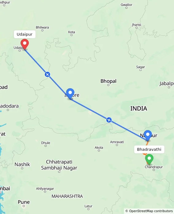 Route map showing distance and travel time from Bhadravathi, India to Udaipur, India