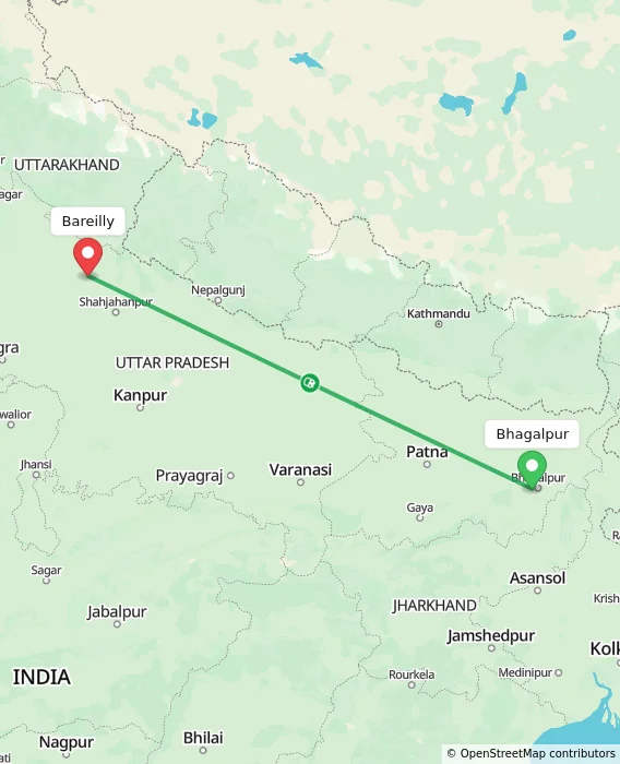 Route map showing distance and travel time from Bhagalpur, India to Bareilly, India