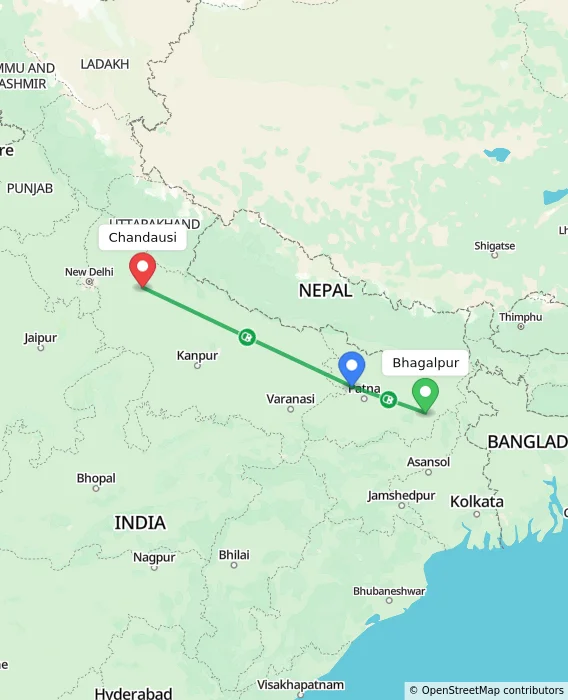 Route map showing distance and travel time from Bhagalpur, India to Chandausi, India