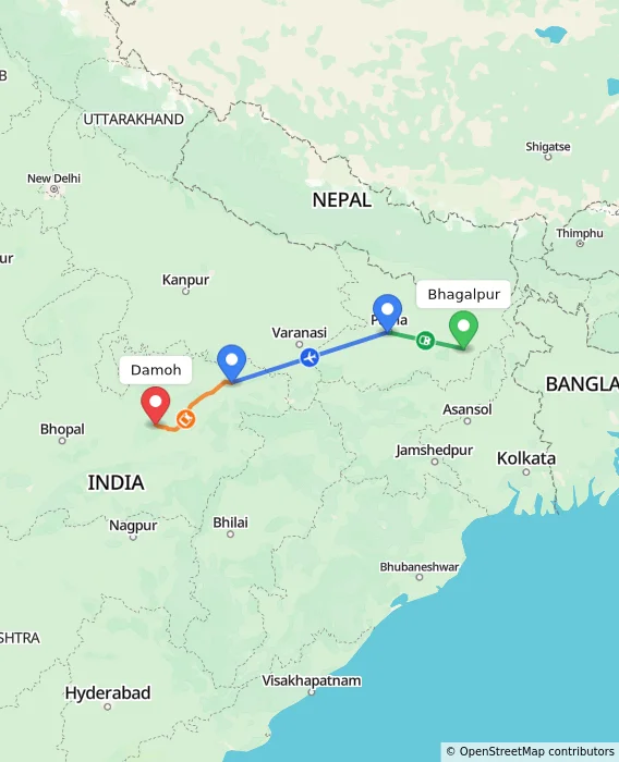 Route map showing distance and travel time from Bhagalpur, India to Damoh, India