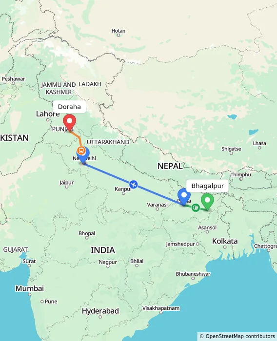 Route map showing distance and travel time from Bhagalpur, India to Doraha, India