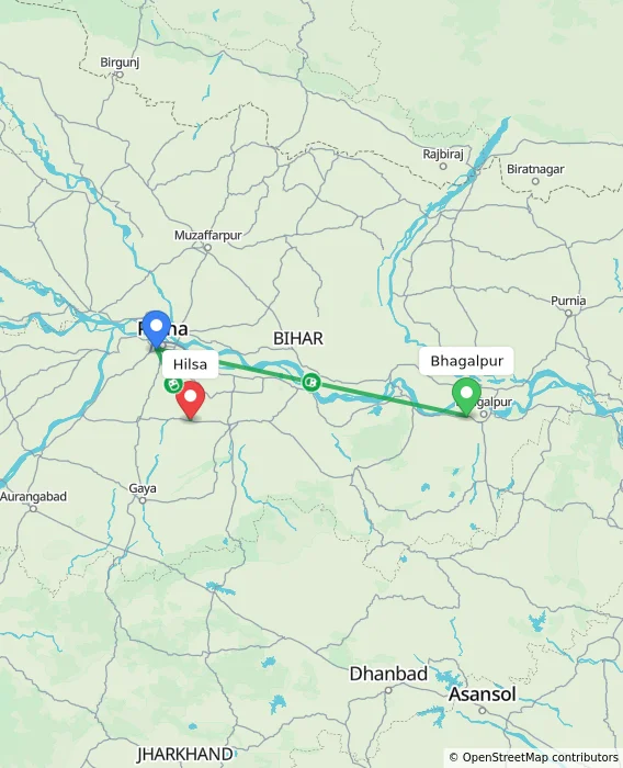 Route map showing distance and travel time from Bhagalpur, India to Hilsa, India