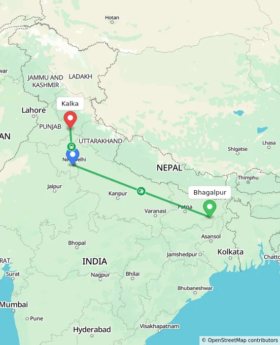 Route map showing distance and travel time from Bhagalpur, India to Kalka, India