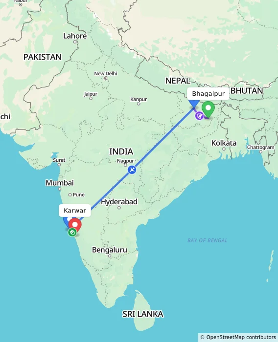Route map showing distance and travel time from Bhagalpur, India to Karwar, India