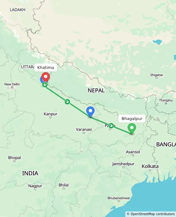 Route map showing distance and travel time from Bhagalpur, India to Khatima, India