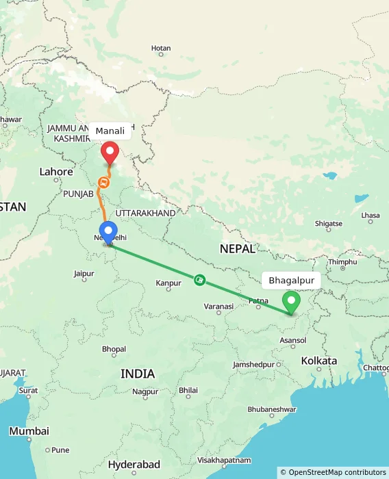 Route map showing distance and travel time from Bhagalpur, India to Manali, India