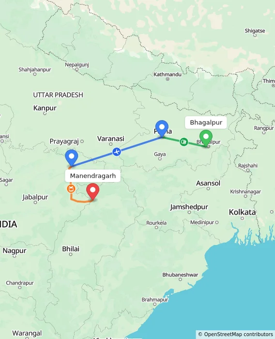 Route map showing distance and travel time from Bhagalpur, India to Manendragarh, India