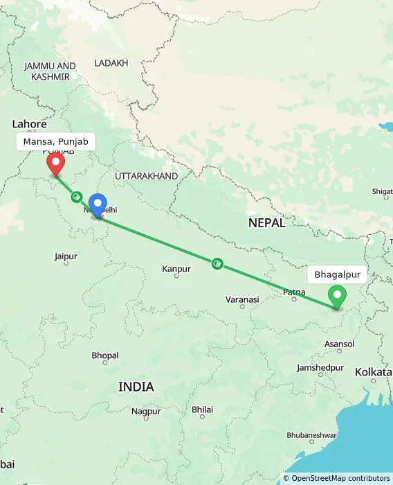 Route map showing distance and travel time from Bhagalpur, India to Mansa, Punjab, India
