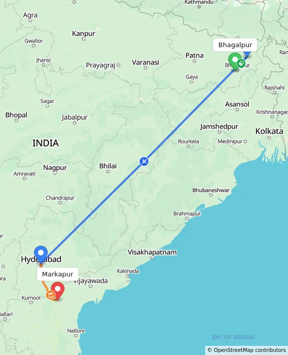 Route map showing distance and travel time from Bhagalpur, India to Markapur, India