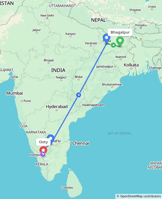 Route map showing distance and travel time from Bhagalpur, India to Ooty, India