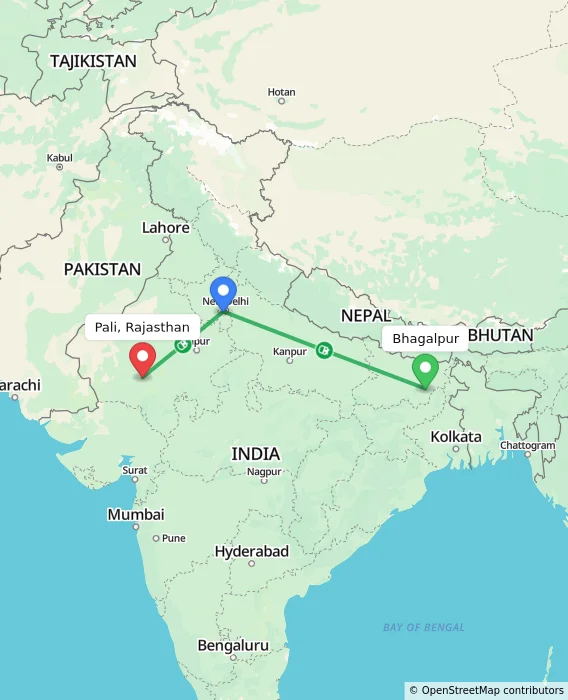 Route map showing distance and travel time from Bhagalpur, India to Pali, Rajasthan, India