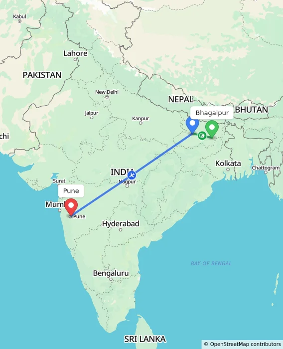 Route map showing distance and travel time from Bhagalpur, India to Pune, India