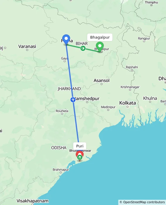 Route map showing distance and travel time from Bhagalpur, India to Puri, India