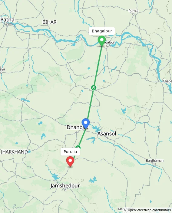 Route map showing distance and travel time from Bhagalpur, India to Purulia, India