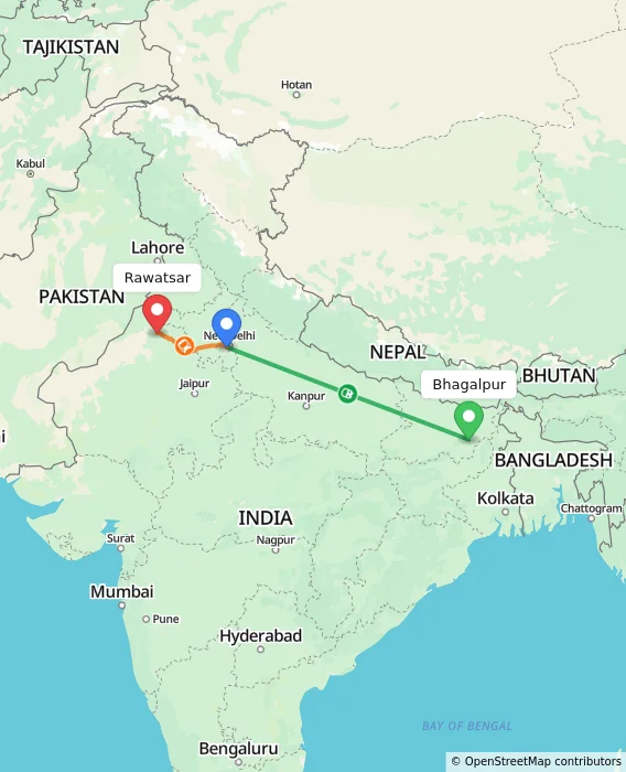 Route map showing distance and travel time from Bhagalpur, India to Rawatsar, India