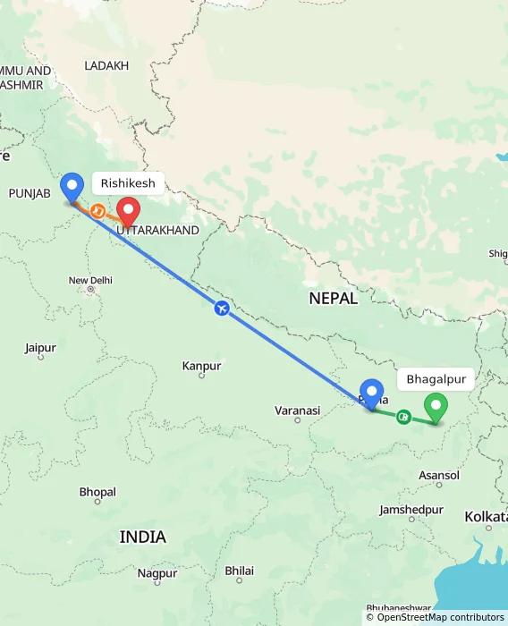 Route map showing distance and travel time from Bhagalpur, India to Rishikesh, India