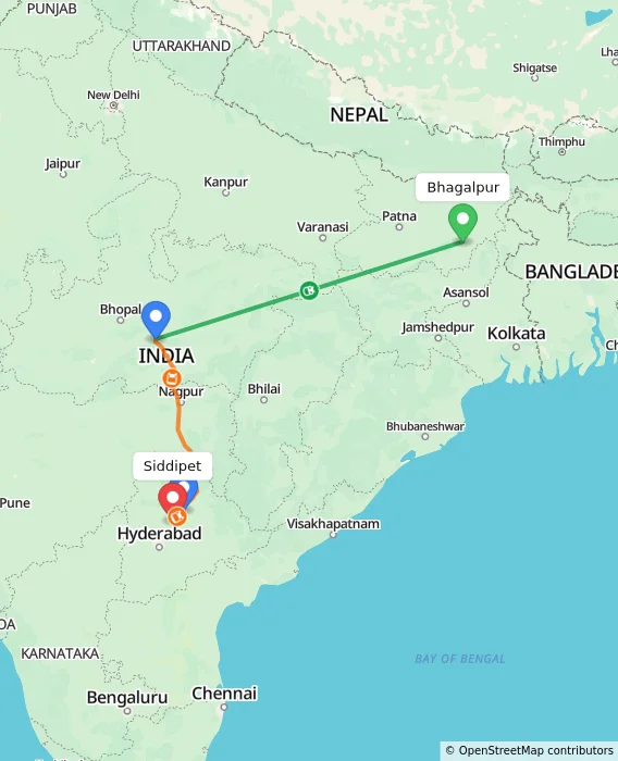 Route map showing distance and travel time from Bhagalpur, India to Siddipet, India