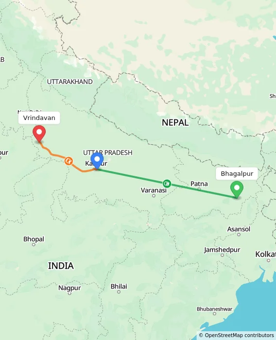 Route map showing distance and travel time from Bhagalpur, India to Vrindavan, India